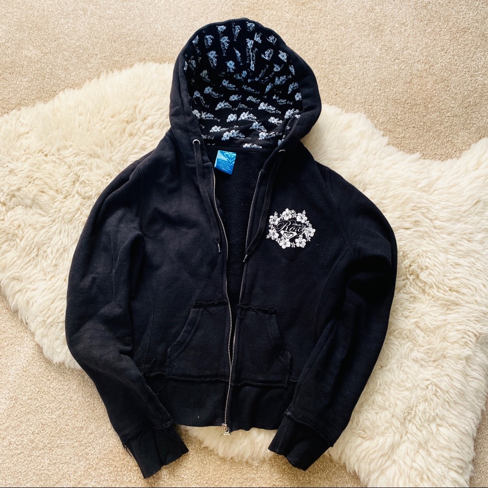 ROXY black and white women's logo zip up zipper hoodie sweatshirt size XS